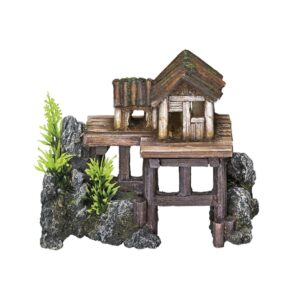Akvariedekoration - Wooden House med plants